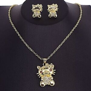 Hello Kitty Gold Plated Necklace Earrings Charm Set